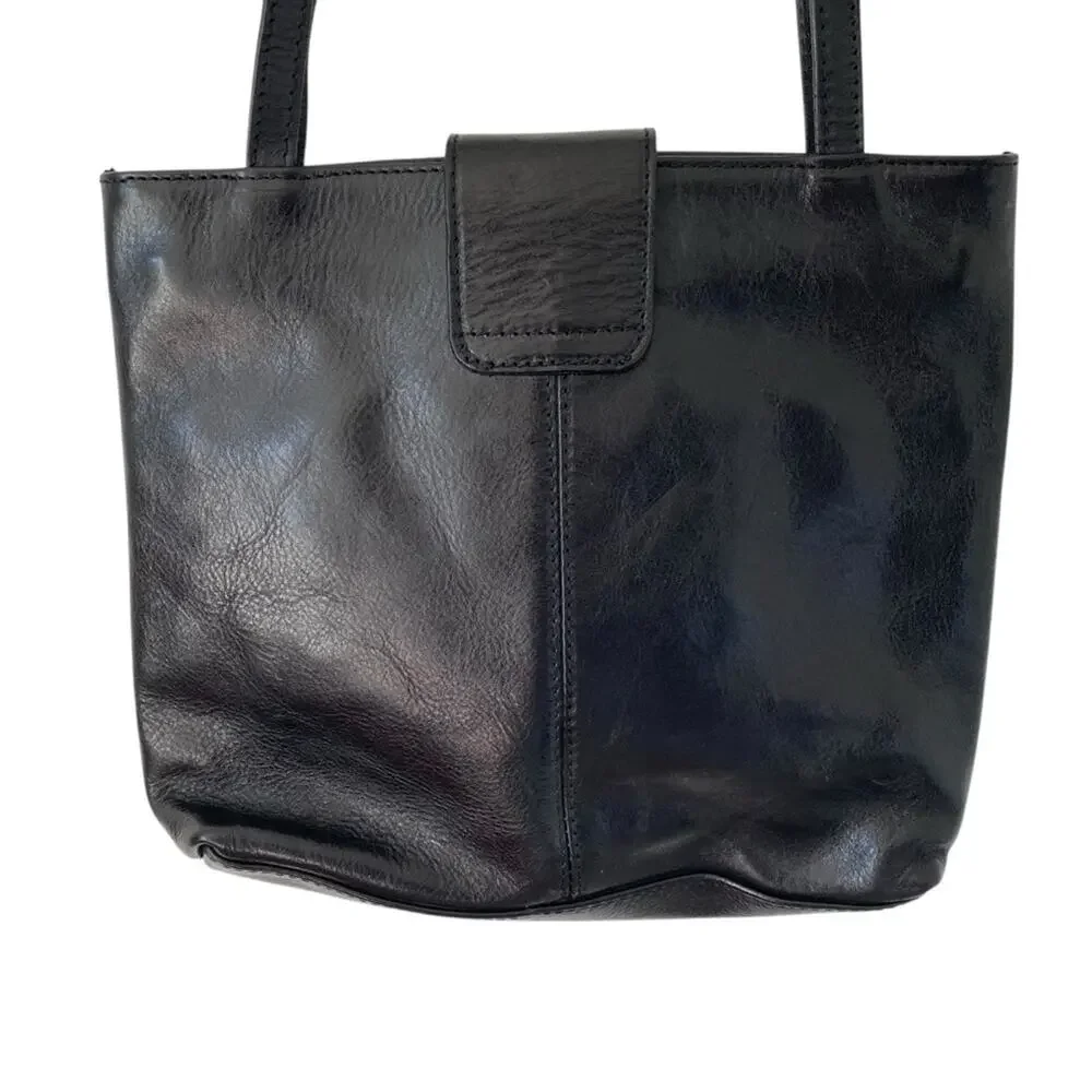 Cuoiera Fiorentina Smooth Black Leather Double Strap Purse Top Stitch Shoulder